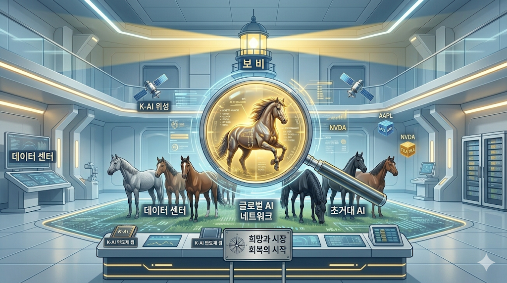 수많은 말(종목) 중에서 AI 돋보기가 근육질의 순수 혈통 종마를 찾아내는 모습