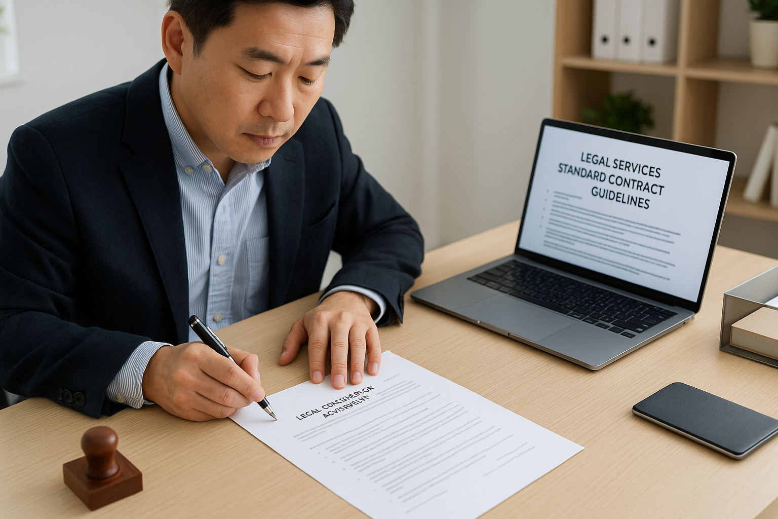 법률자문 계약서를 검토하는 중소기업 대표