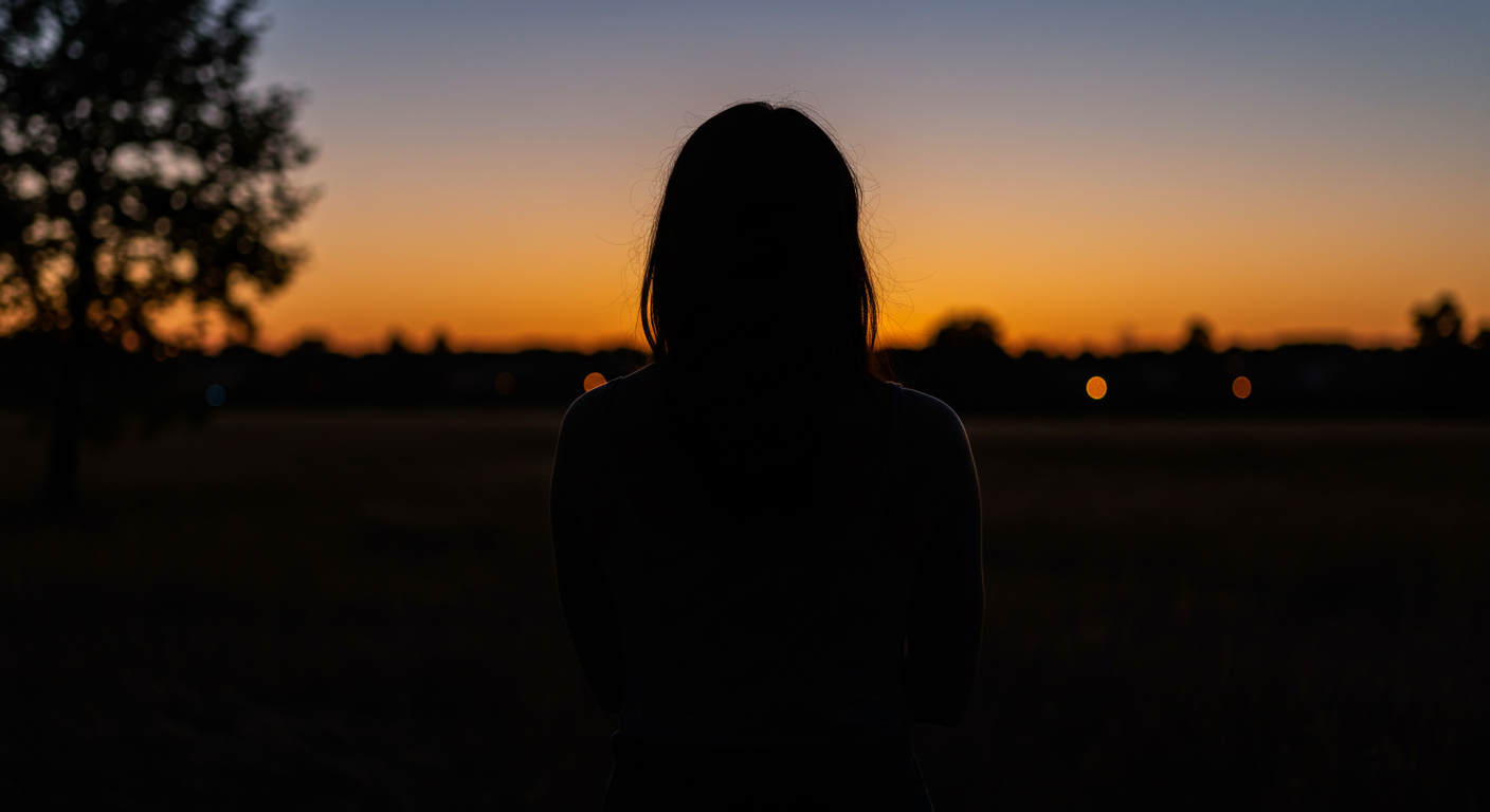 들판에서 노을을 바라보는 사람의 뒷모습, 자기 신뢰와 성장을 향한 고요한 의지를 상징