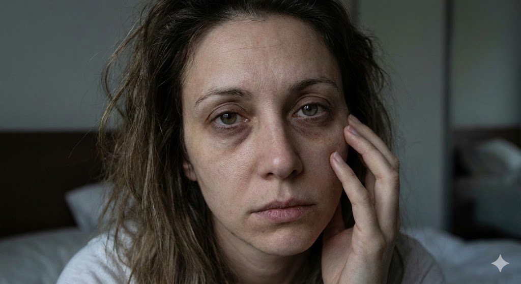 거울-속-자신의-모습을-들여다보는-피곤한-여성의-얼굴.-눈-밑의-짙은-다크서클과-거칠고-푸석해진-피부-결을-클로즈업하여-수면-부족이-피부-노화와-트러블에-미치는-악영향을-강조한-이미지