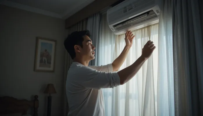 여름철 숙면을 위해 커튼과 온도를 조절하는 중년 남성