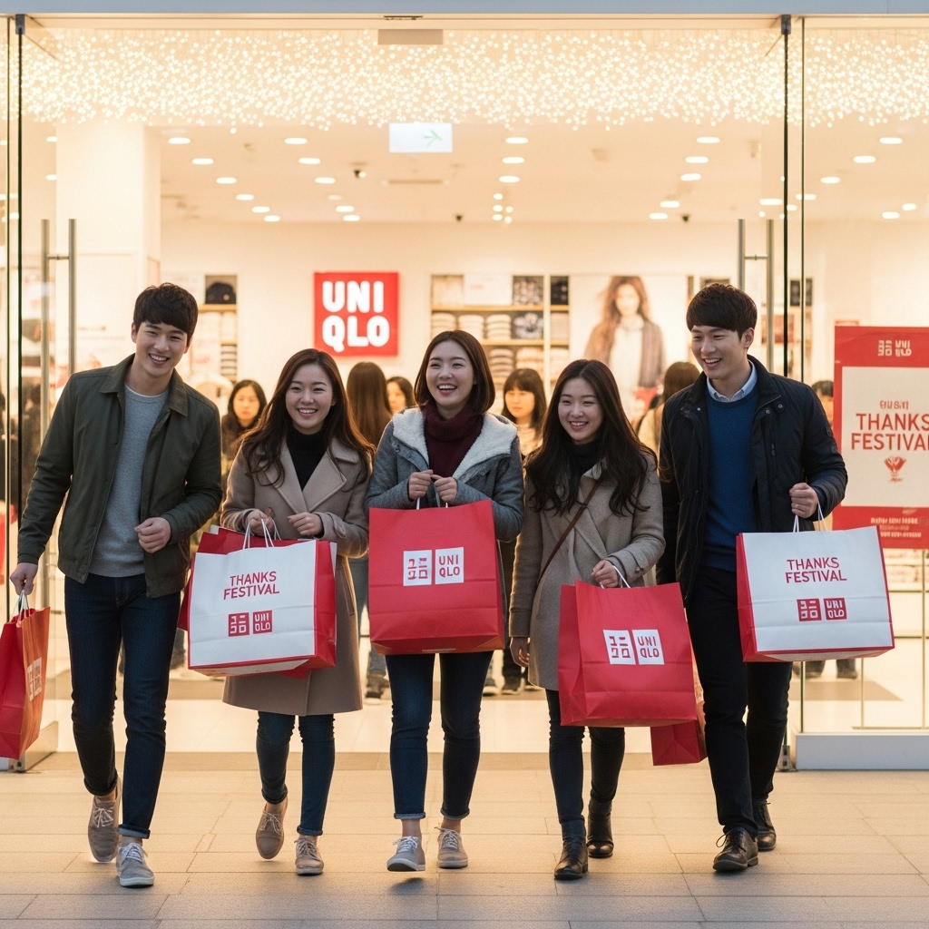 유니클로 감사제 기간에 쇼핑백을 들고 매장 밖으로 기분 좋게 나오는 사람들의 모습