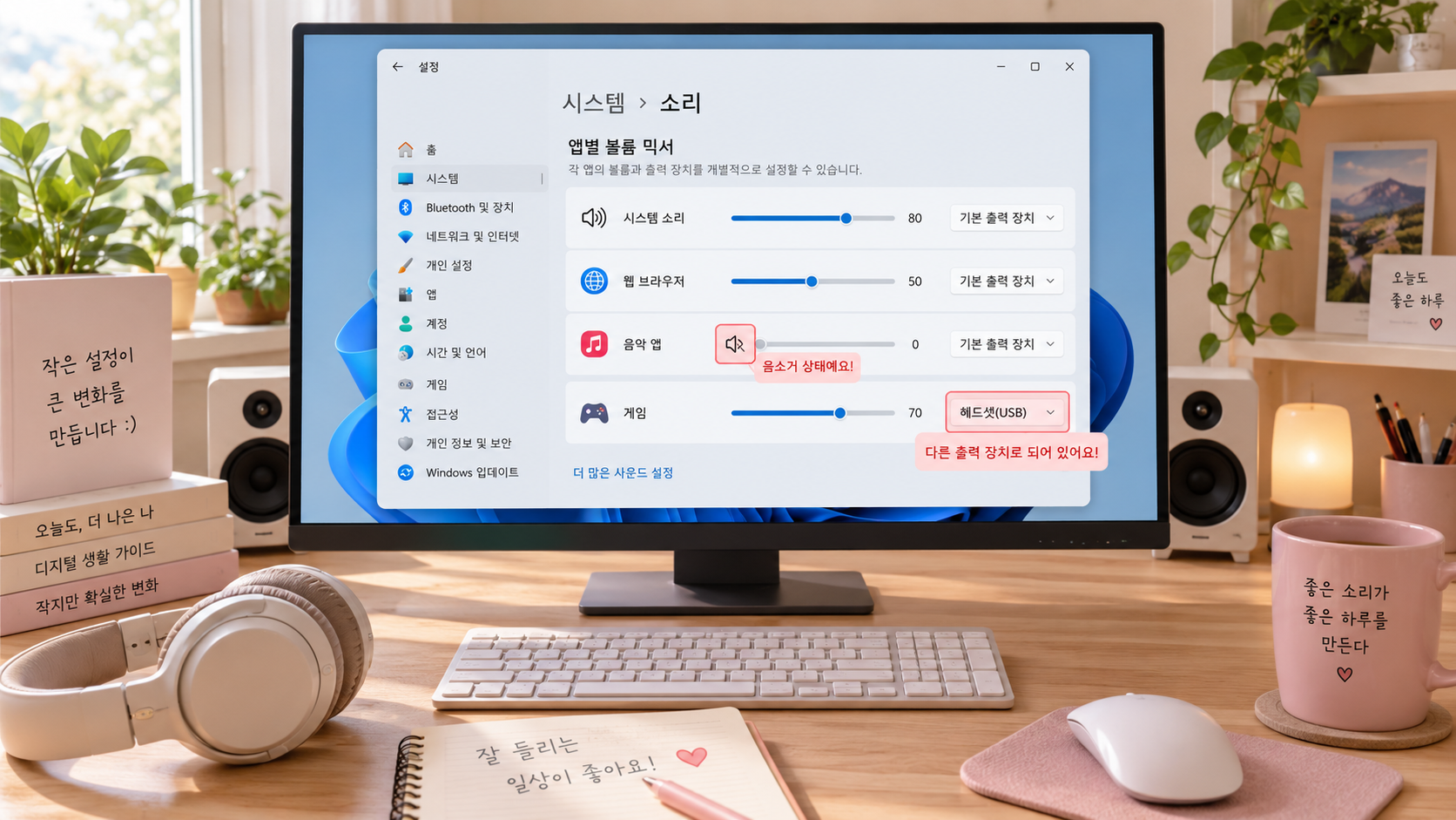 특정 앱만 안 들린다면 볼륨 믹서 확인하기