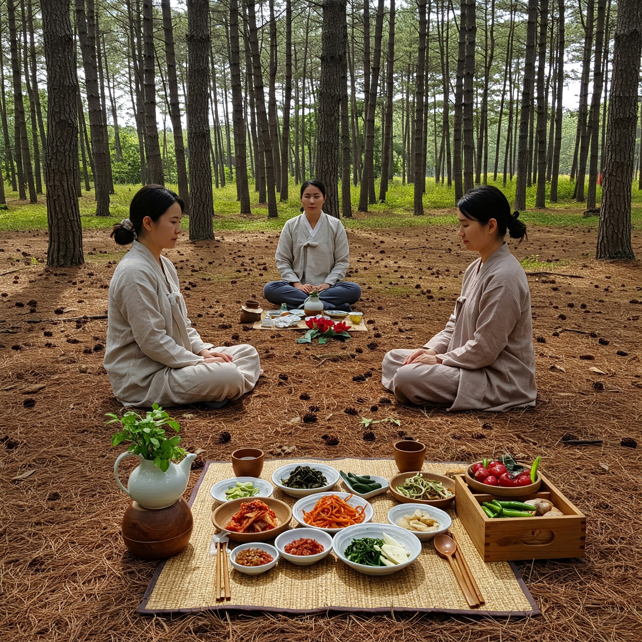 숲 테라피와 디톡스 식사 장면