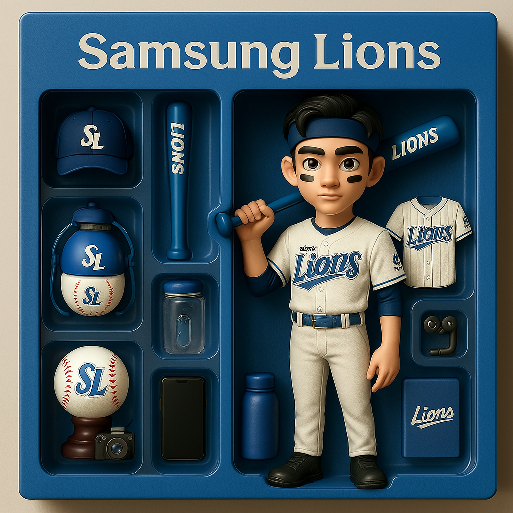 위 프롬프트를 입력한 후 피규어 상자로 완성된 삼성라이온즈 피규어 세트