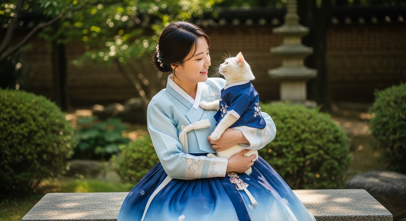 클래식 블루 톤의 한복을 입은 여성과 같은 디자인의 미니 한복을 입은 고양이가 서로를 마주보며 다정한 눈빛을 교환하는 모습