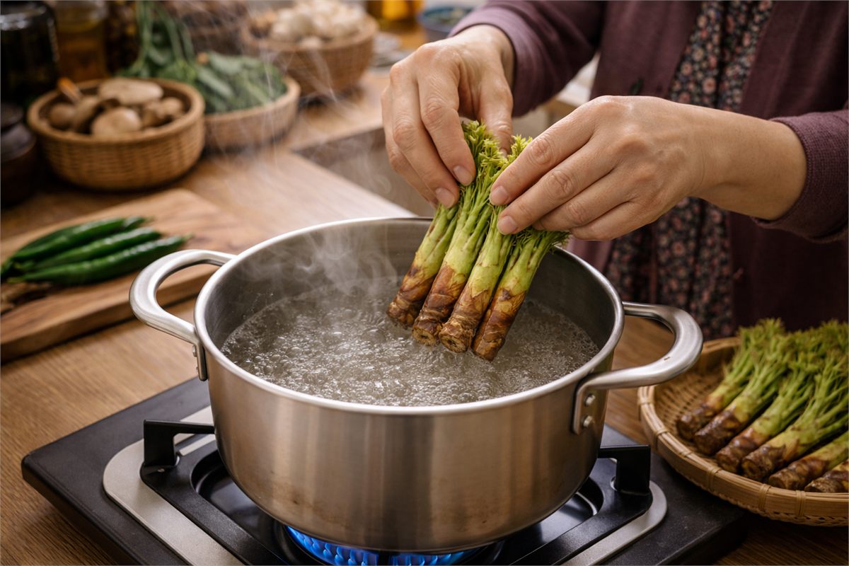 끓는 물에 엄나무순 밑동부터 넣어 데치는 한국 가정의 조리 장면 