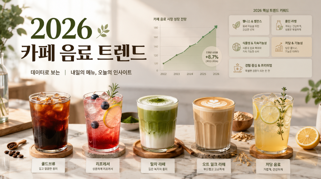 2026 카페 음료 트렌드인 콜드브루와 논커피, 저당 음료를 보여주는 썸네일 이미지