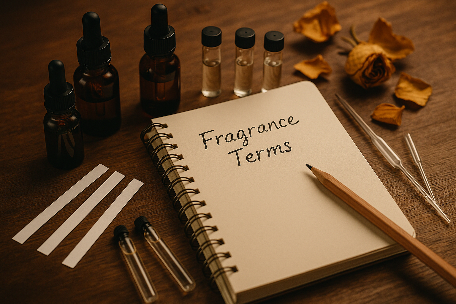 나무 테이블 위에 놓인 노트북 메모장에 ‘Fragrance Terms’라고 적힌 페이지, 금빛 펜, 앰버 글라스 병, 드로퍼, 시향용 종이 스트립, 마른 장미 꽃잎 등이 따뜻한 빛 아래 배치된 사진 스타일 썸네일
