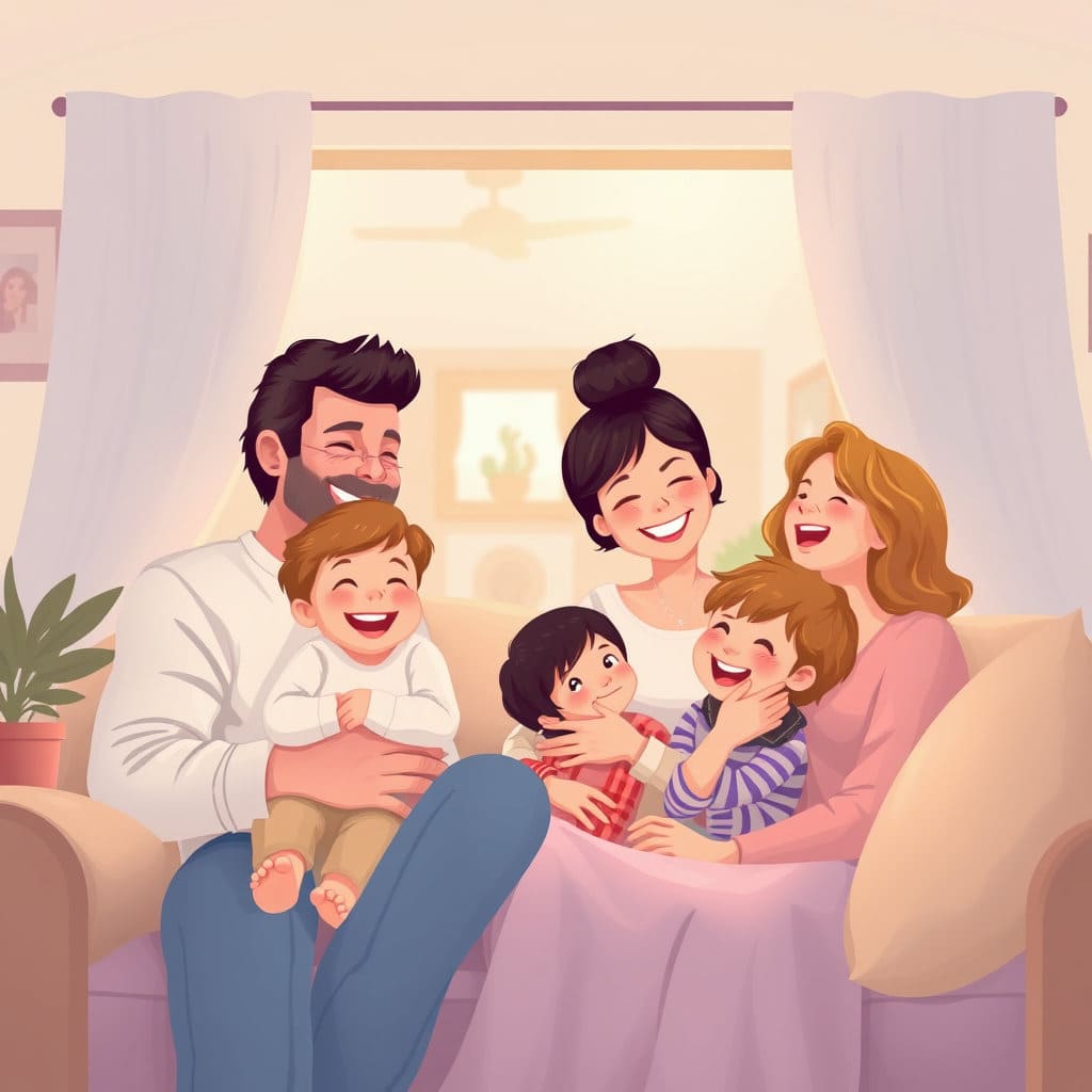 부모와 아이들이 집 안의 따뜻한 공간에서 함께 웃거나 포옹하는 장면입니다. 은은한 자연광이 비추는 아늑한 분위기에서 가족 구성원 모두가 편안하고 행복해 보입니다. 자녀장려금이 가져다주는 경제적 안정과 그로 인한 가족의 행복을 상징적으로 표현합니다. 부드러운 색감의 일러스트 또는 감성적인 사진 스타일을 사용합니다. 