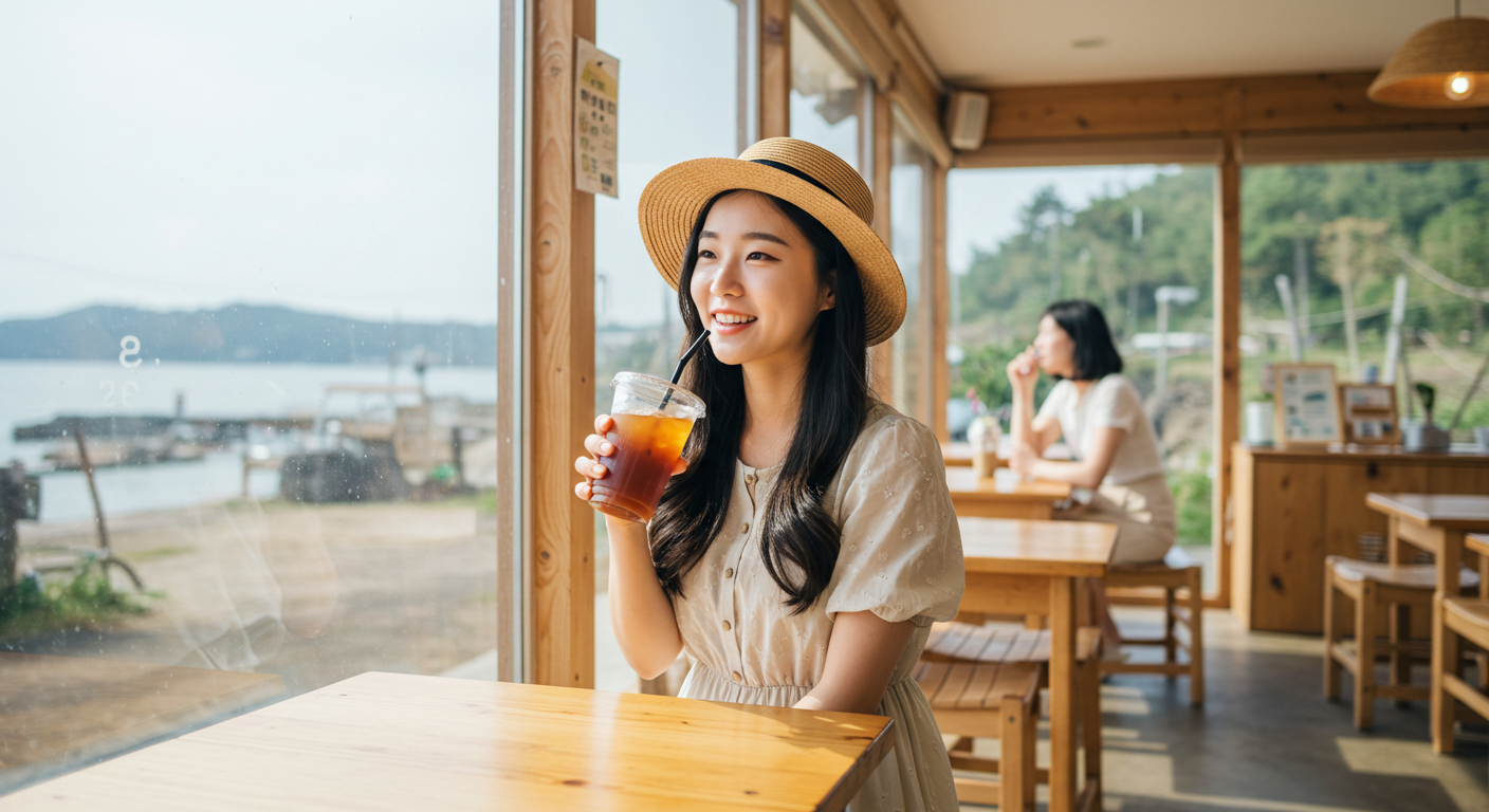 제주 한 달 살기 중 로컬 카페에서 여유를 즐기는 여성의 모습
