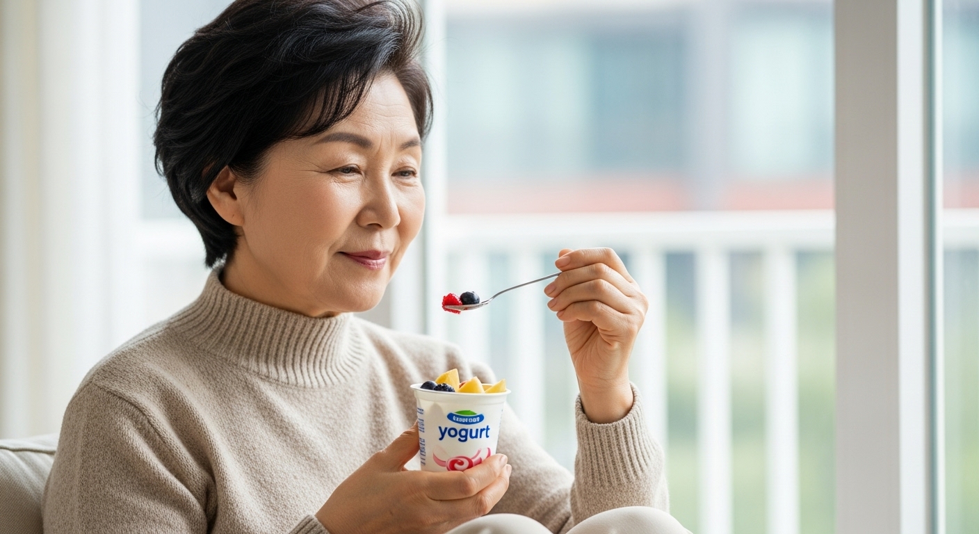 건강한 과일과 요거트를 간식으로 즐기며 미소 짓는 한국인 시니어 여성의 모습