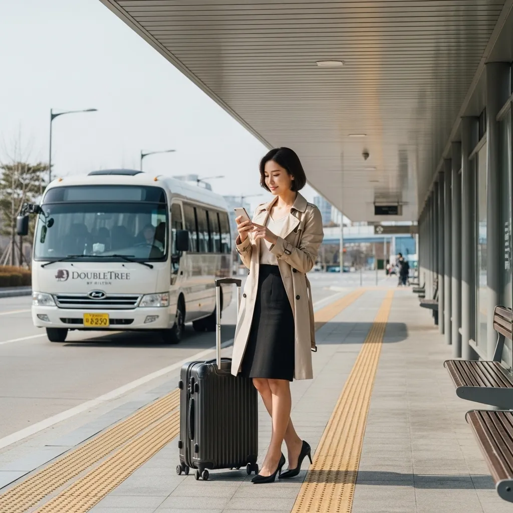 더블트리 힐튼 판교 셔틀버스를 타기 위해, 정류장에서 스마트폰을 보며 기다리는 여성 고객