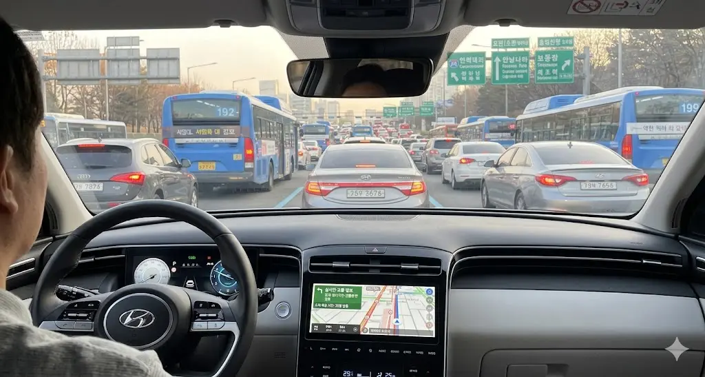 출근길 꽉 막힌 도심을 여유롭게 달리는 하이브리드 차량의 사진