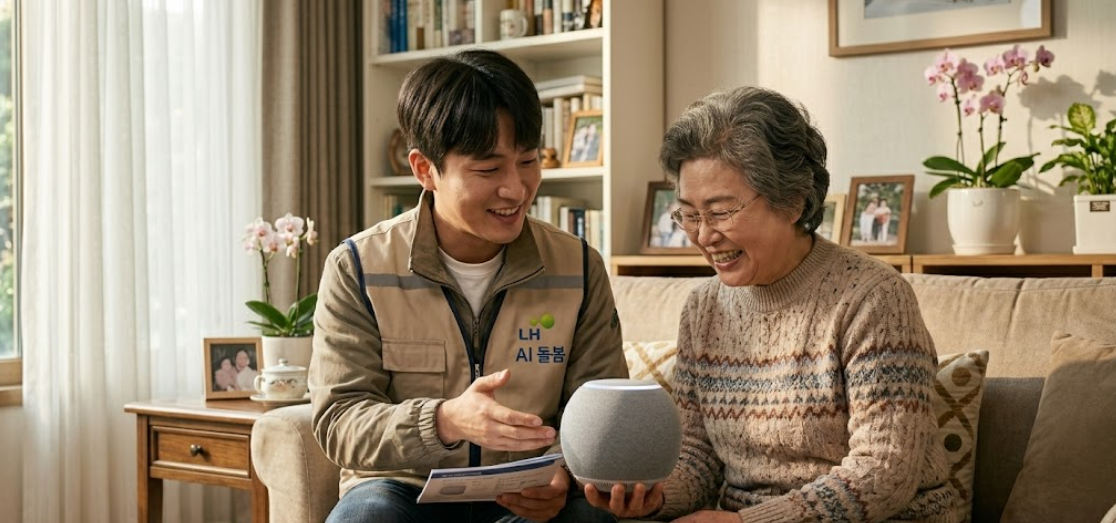 관리사무소 직원이 어르신 댁을 방문해 AI 기기 사용법을 친절히 안내하는 모습