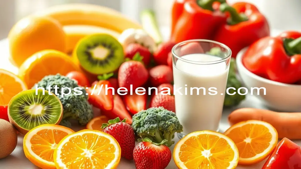 잇몸 건강에 좋은 키위, 오렌지, 딸기 등 비타민C가 풍부한 과일과 싱싱한 채소들이 놓인 모습.