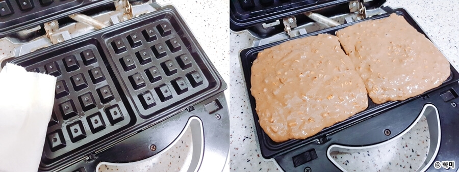 와플팬에 고단백 와플 반죽 다이어트 프로틴 와플 굽는 모습