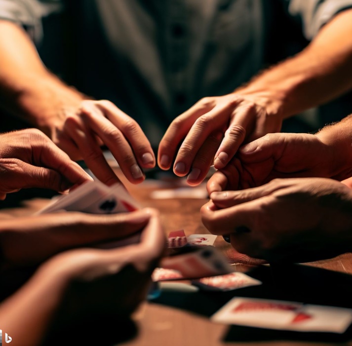 카드 게임의 참가자들은 두 손을 올려두는 모습
