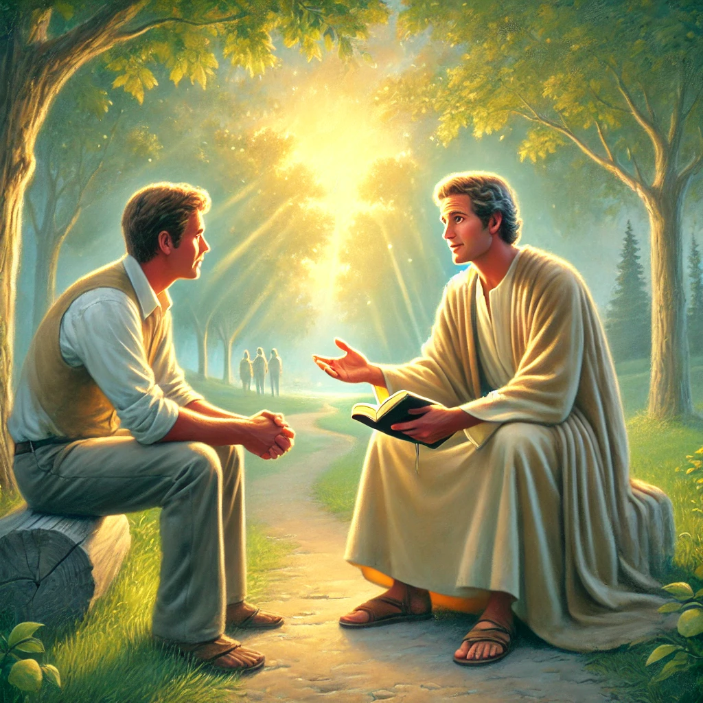 창세기 8장 21절 말씀을 묵상하며, 하나님께서 기뻐하시는 순종의 제사로서 복음을 나누는 모습을 표현한 장면입니다. 조용한 공원에서 한 사람이 진지하고 따뜻하게 다른 사람에게 하나님의 진리를 전하며, 그 대화 위로 하나님의 은혜의 빛이 비추는 듯한 분위기를 통해 순종과 헌신의 아름다움을 담아냈습니다. 🌿📖✨