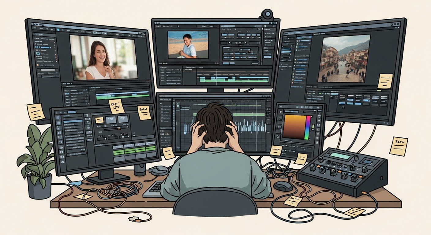 복잡한 영상 편집 및 음원 작업으로 인해 스트레스받는 유튜버의 모습