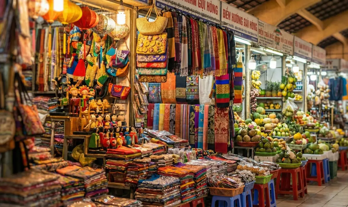 다양한 물건과 활기찬 상인들로 가득한 벤탄 시장 내부 모습