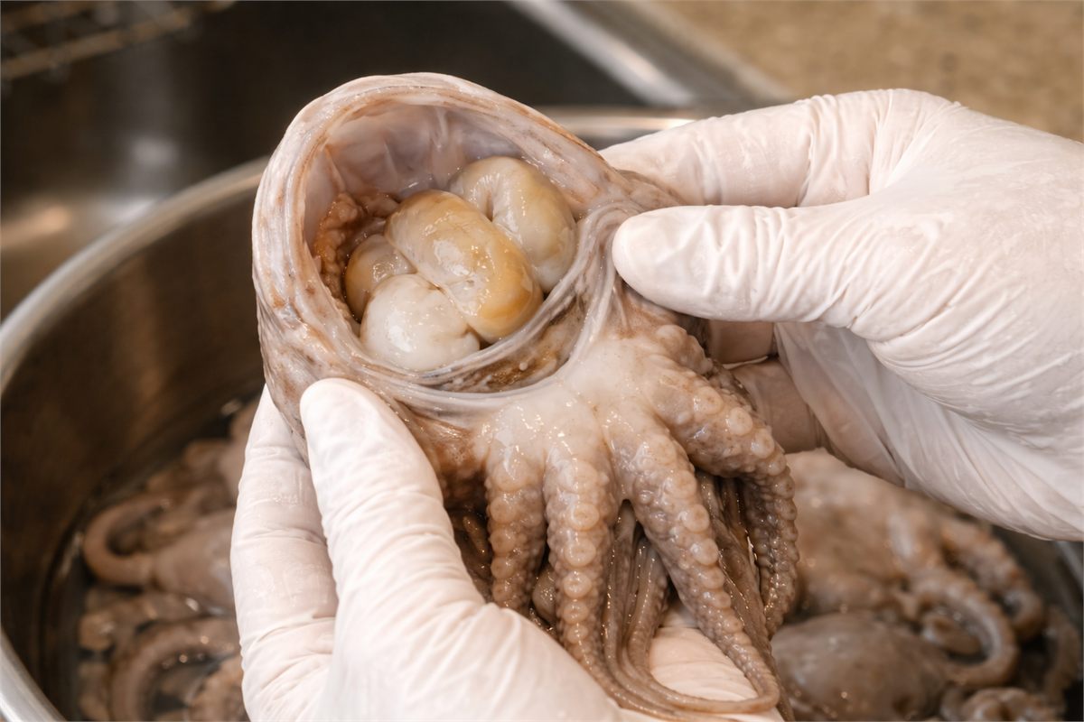 주꾸미 머리를 뒤집어 내장을 확인하는 손질 디테일 장면