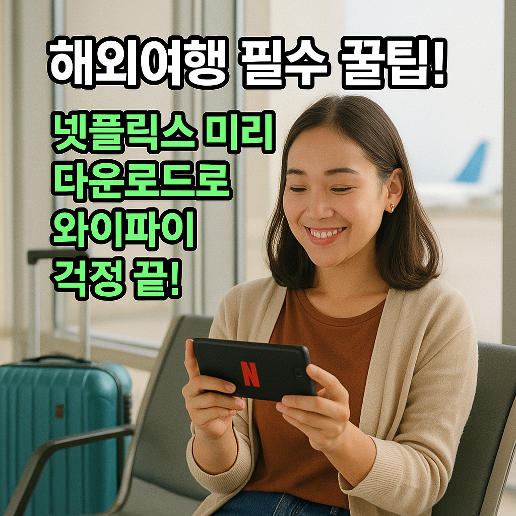 공항 대기실에서 스마트폰으로 영상을 시청하며 미소 짓는 여성