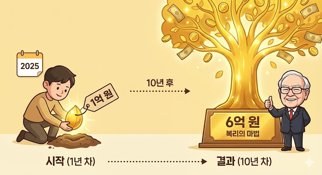억 원짜리 씨앗을 심었더니 10년 후 6억 원짜리 거대한 황금 나무로 자라난 모습, 옆에는 흐뭇해하는 워런 버핏