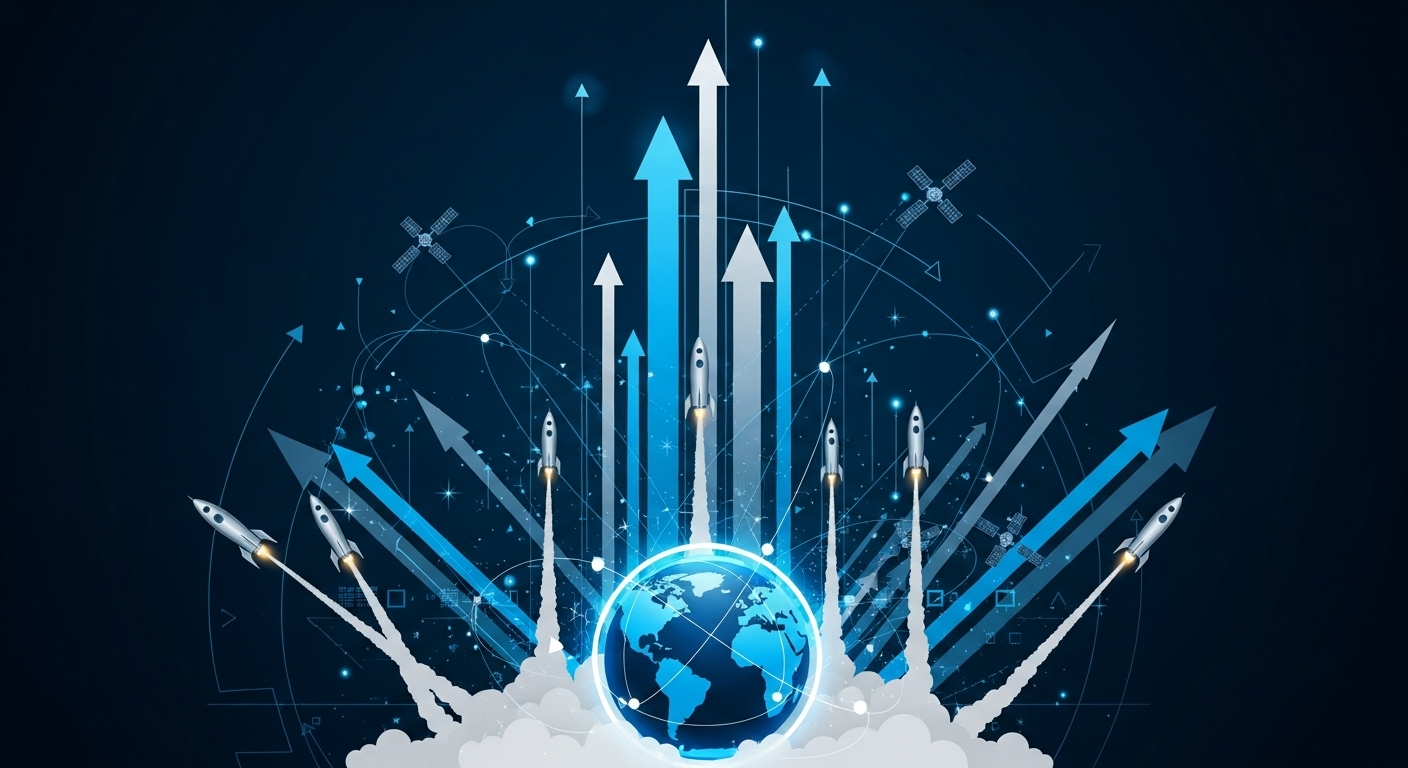 급성장하는 우주 경제 시장과 민간 우주 산업의 확장을 시각적으로 표현한 그래픽