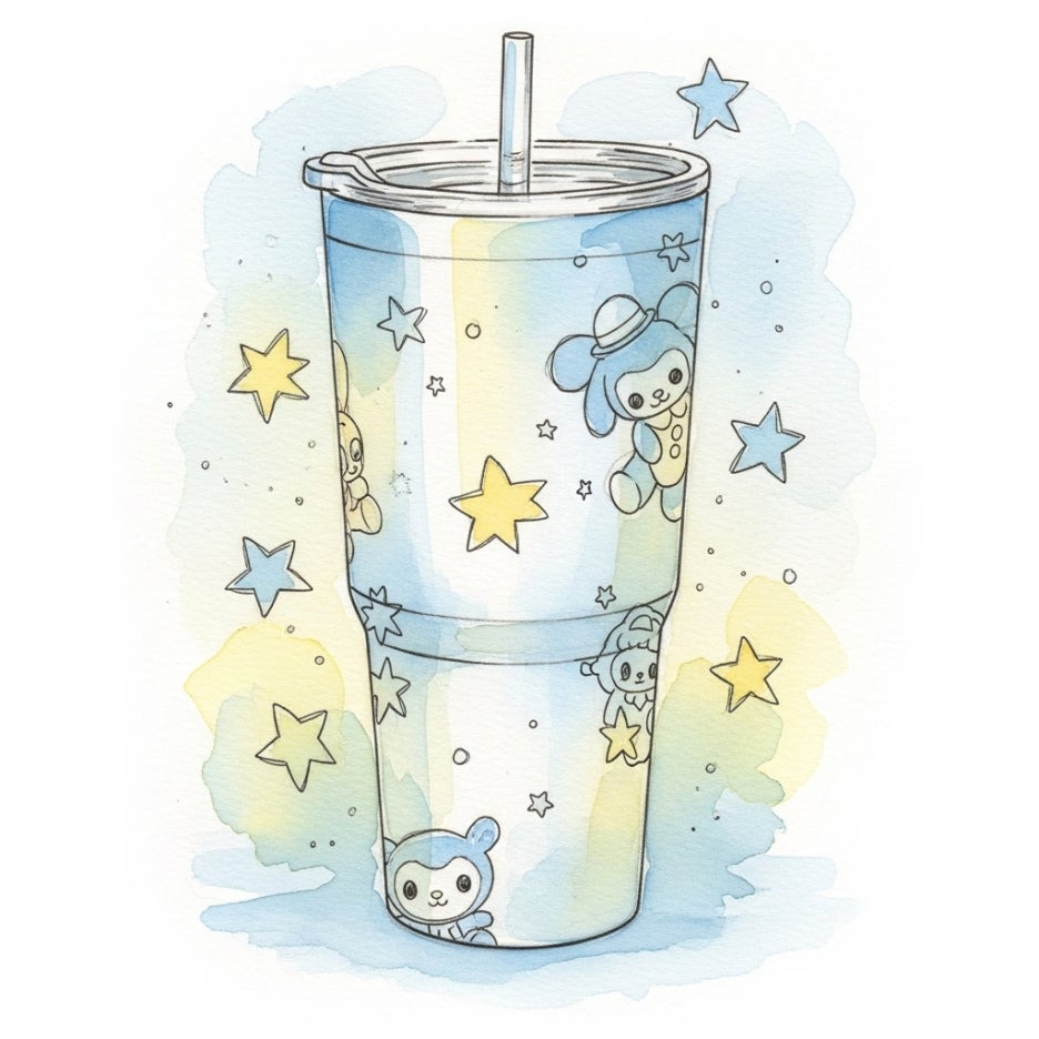 부드러운 수채화 색감의 캐릭터 텀블러 디자인