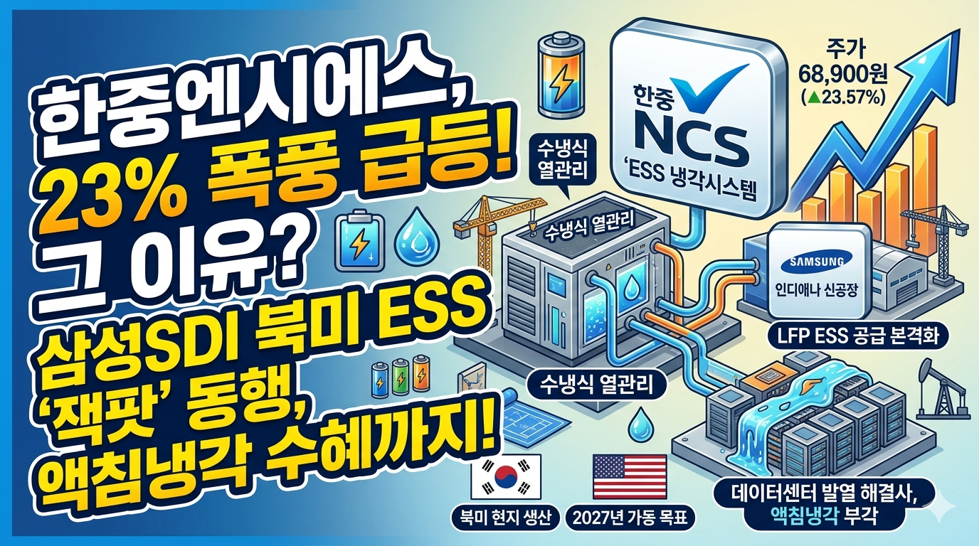한중엔시에스의 수냉식 ESS 냉각 시스템과 미국 인디애나주 헌팅턴 공장 기공식 일러스트, 상승하는 주가 그래프와 삼성SDI 로고가 합성된 블로그 썸네일. 상단에는 '한중엔시에스 주가 급등! 삼성SDI 북미 ESS 잭팟 동행, 액침냉각 수혜까지 분석'이라는 대형 한글 텍스트와 함께 '미국 공장 착공 본격화' 텍스트가 삽입되어 있다. 이미지 중앙에는 수냉식 냉각 시스템과 함께 삼성SDI 스타플러스에너지 LFP ESS 제품향 공급 본격화를 나타내는 아이콘이 있다. 배경은 맑은 하늘과 함께 AI 시대 데이터센터 발열 문제 해결사임을 나타내는 데이터센터 인프라 전환 이미지가 오버레이되어 있다.