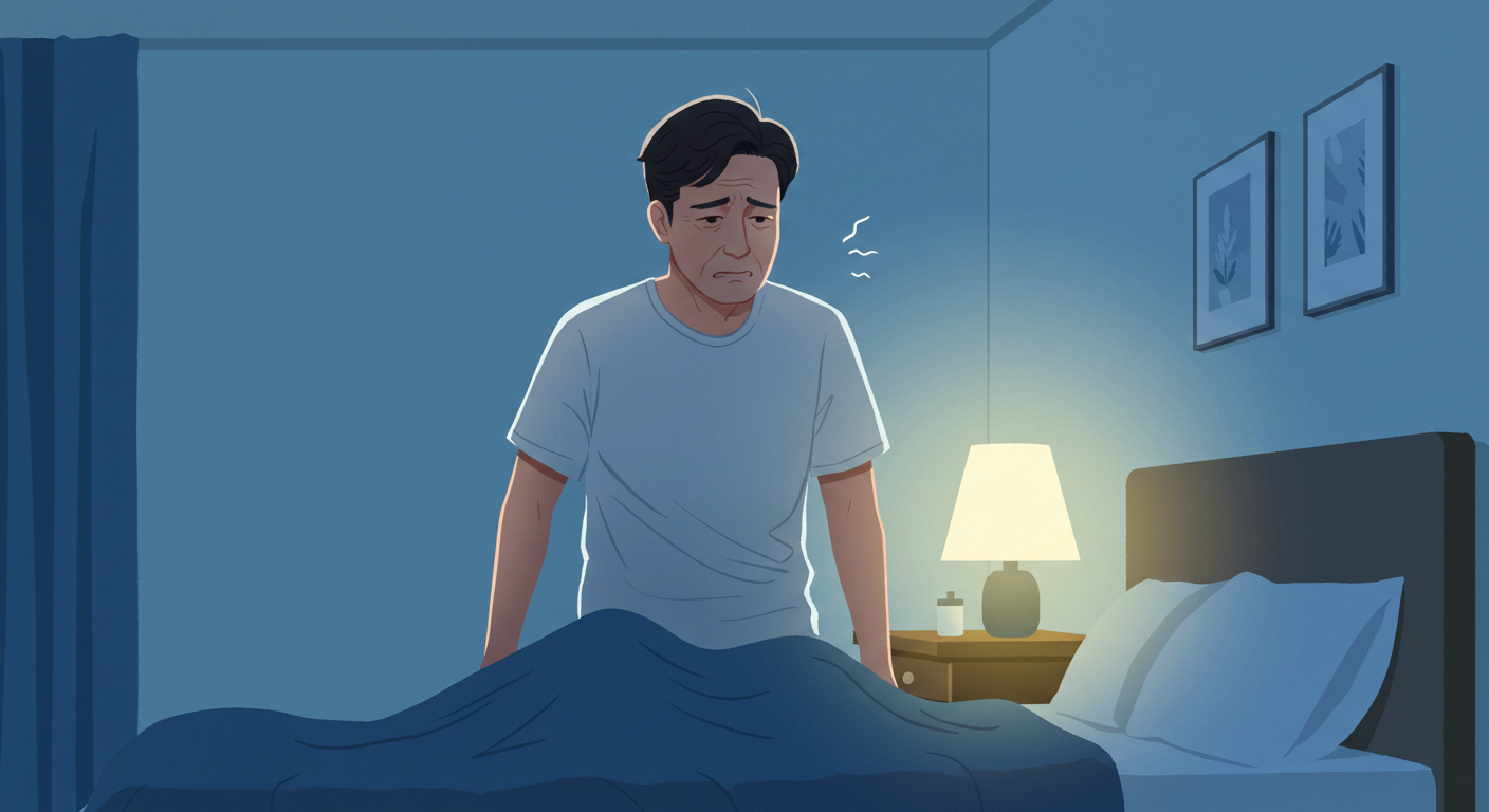 밤에 자주 깨 화장실 가는 중년 남성의 모습
