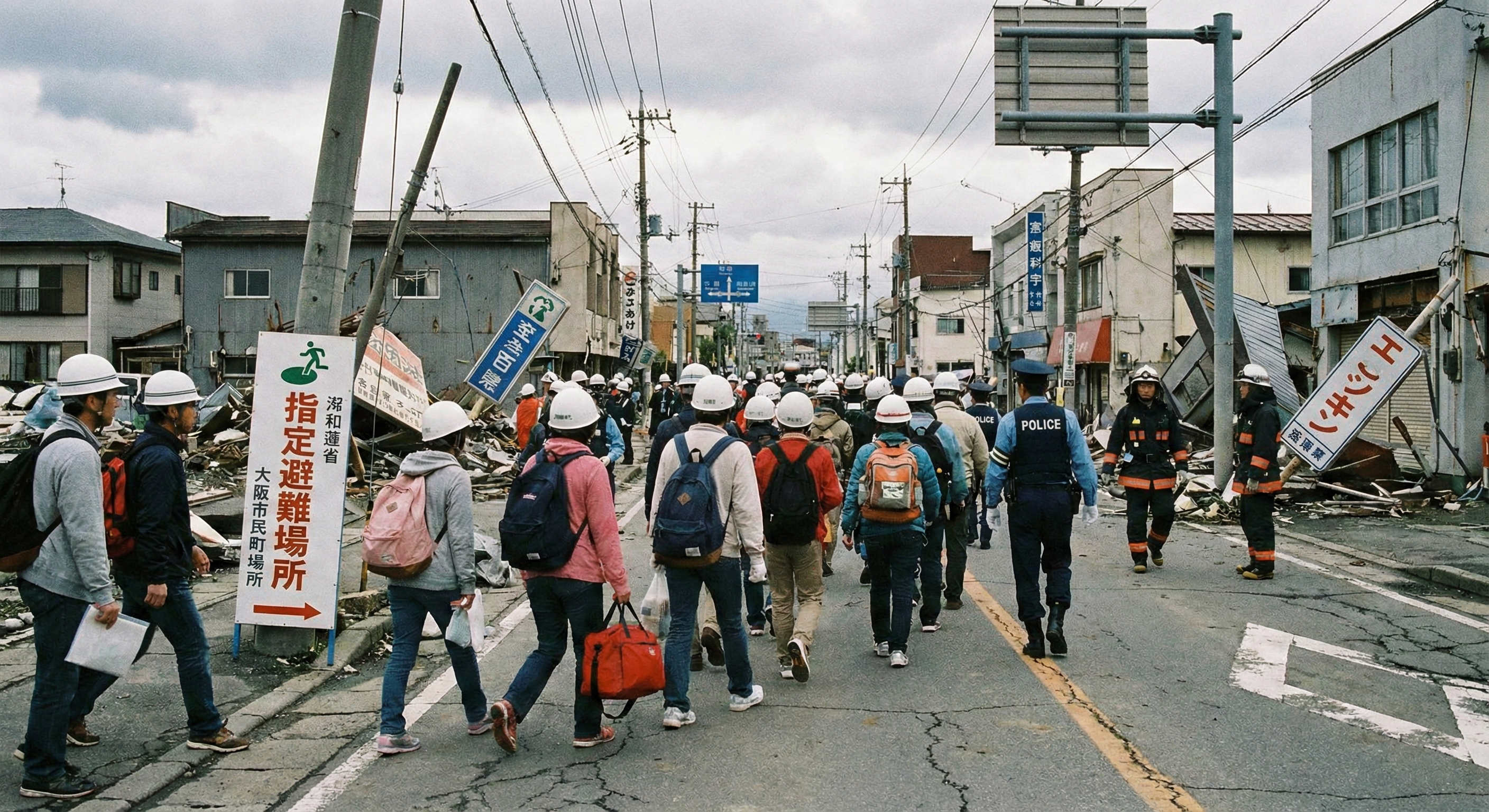 지진이 일어나서 대피하는 하는 주민들.