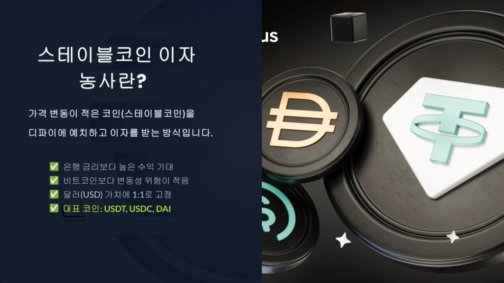 스테이블코인 이자 농사란 무엇인가를 설명하는 텍스트와 코인이 겹쳐져있는 이미지를 함께보여줌