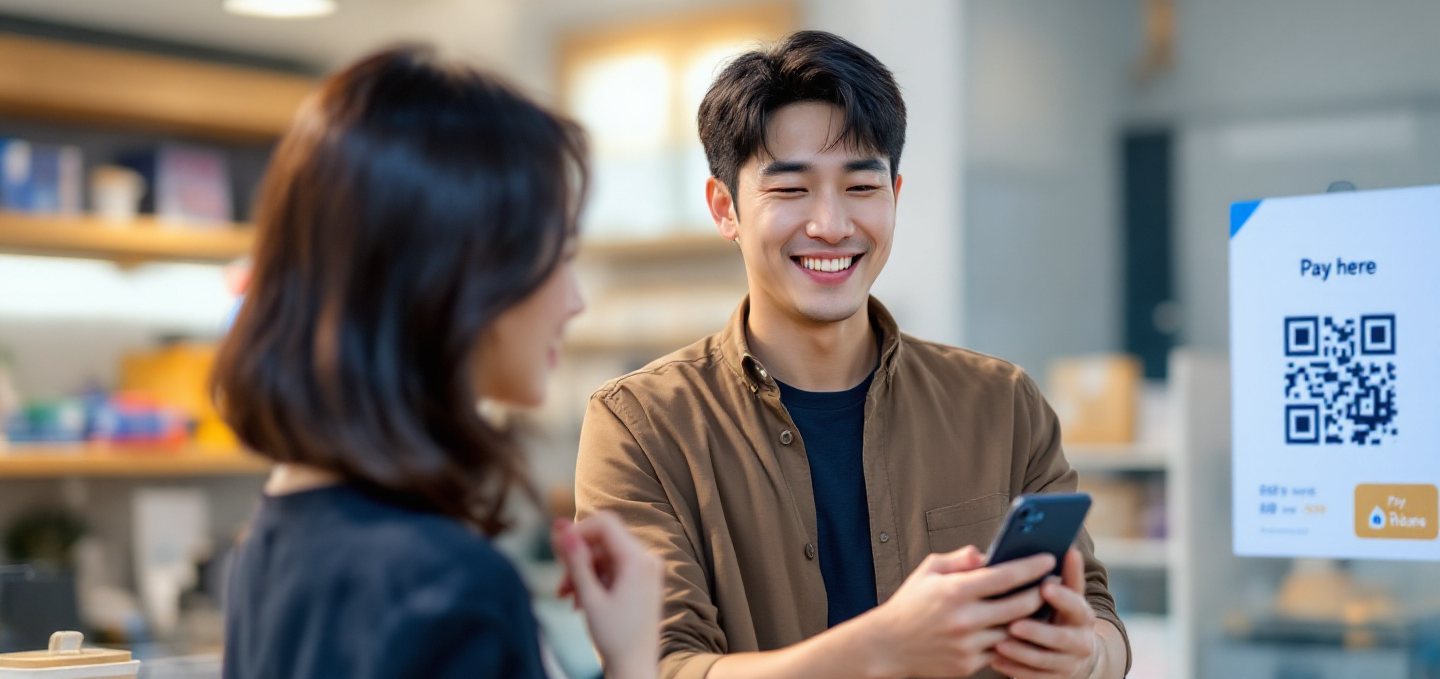 가게에서 스마트폰으로 QR코드를 찍고 디지털 화폐로 결재하고 있는 사람