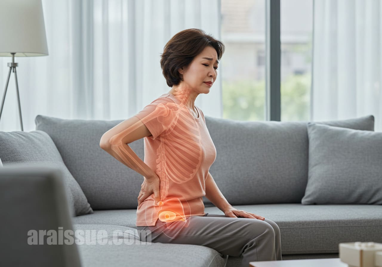 0대 한국 여성이 현대적인 실내에서 허리를 움켜잡고 걱정스러운 표정을 짓고 있습니다. 그녀의 몸 속에서 뼈 밀도가 감소하는 것을 시각적으로 표현한 이미지입니다