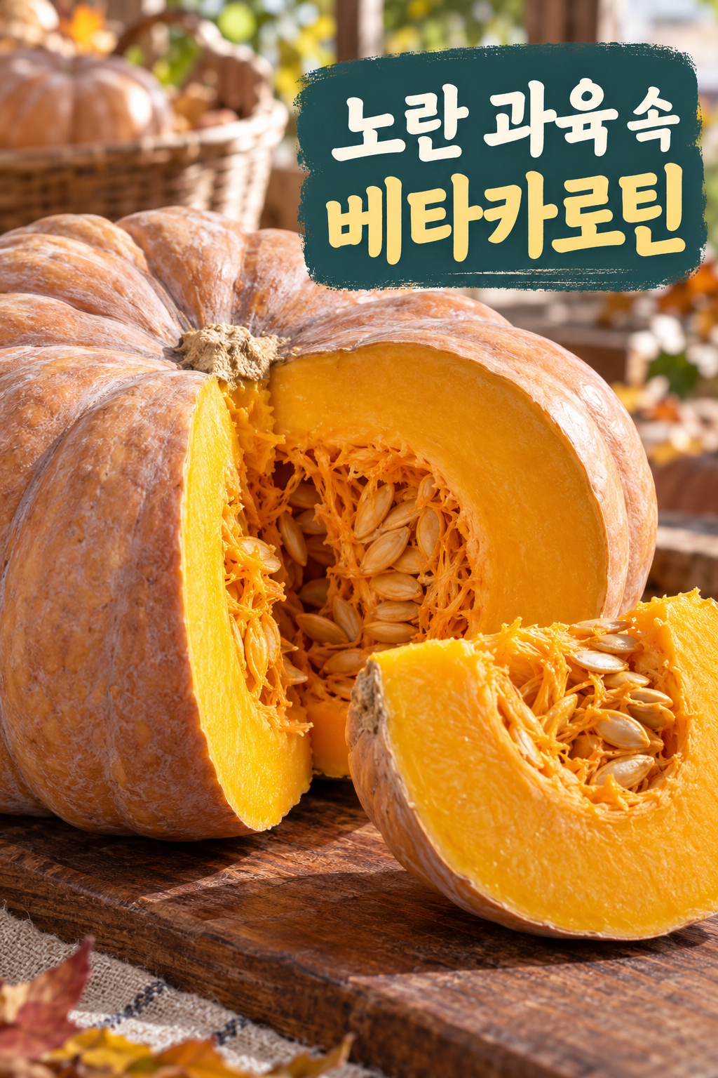 황갈색 껍질을 가른 늙은호박의 노란 과육과 씨 공간.