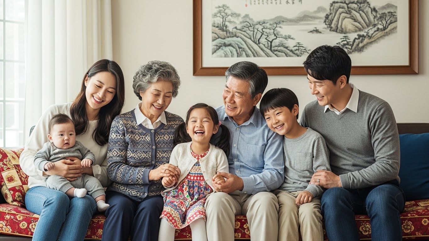 연말정산 인적공제 대상인 부양가족을 상징하는 화목한 한국 3대 가족의 사진