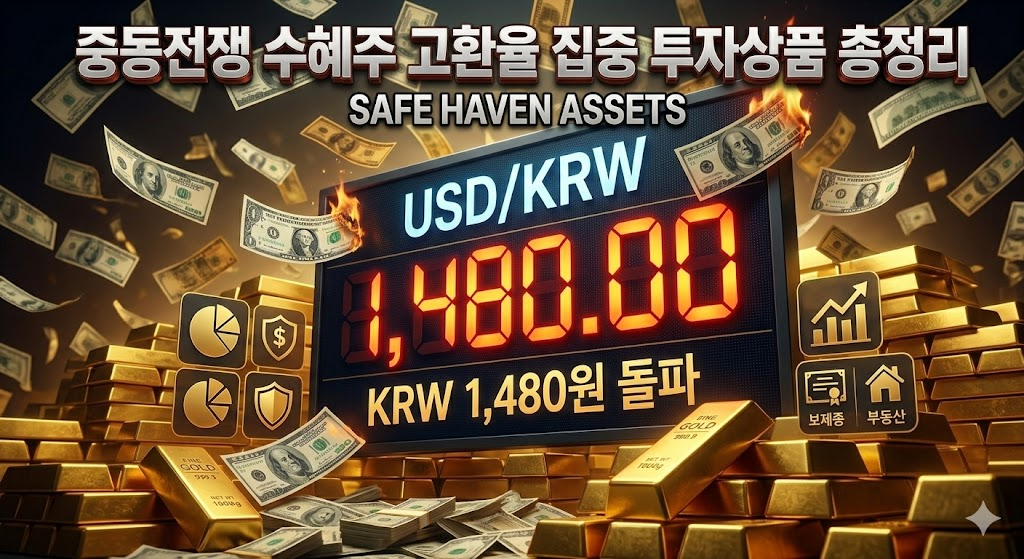 쏟아지는 달러 지폐와 묵직한 금괴 더미를 배경으로 '1,480.00'이라는 숫자가 선명한 환율 전광판이 배치되었습니다