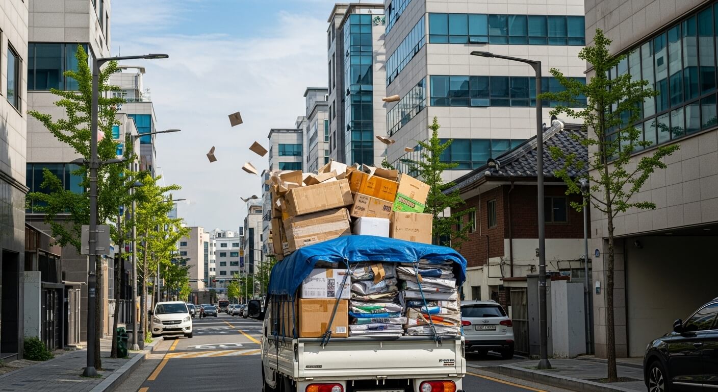 도심 도로에서 폐지를 가득 실은 트럭이 달리는 모습
