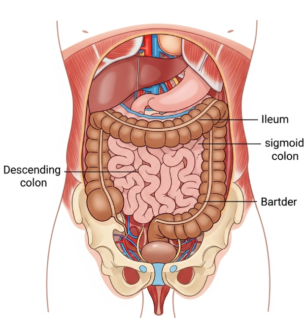인체의 하복부와 소화기관을 보여주는 단순화된 의학 삽화. 장기와 관련된 왼쪽 아랫배 부분에 초점이 맞춰져 있다.