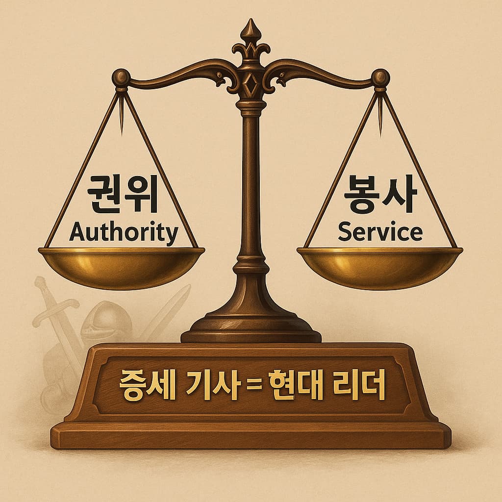 중세 기사와 현대리더의 권위와 봉사 의 균형을 이루고 있는 저울 이미지