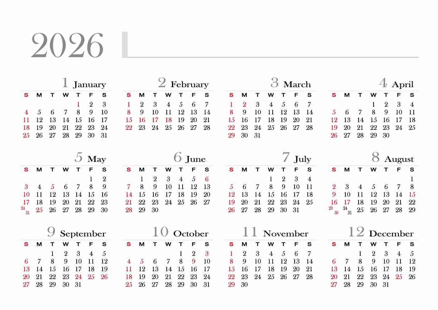 2026년 달력(대체공휴일) jpg 이미지