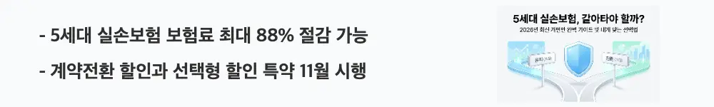 5세대 실손보험 전환: '5세대 실손보험 보험료 최대 88% 절감 가능 / 계약전환 할인과 선택형 할인 특약 11월 시행'이라는 문구가 포함된 웹배너 이미지. 이 이미지는 세대별 보험료 차이와 계약전환 할인 50% 및 선택형 할인 특약 제도를 시각적으로 전달하며, 블로그의 5세대 실손보험 보험료 비교와 관련된 내용을 설명함