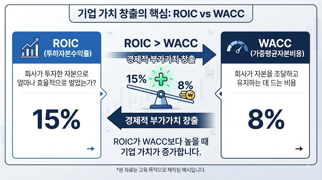 ROIC와 WACC를 비교해 기업의 자본효율성을 판단하는 인포그래픽