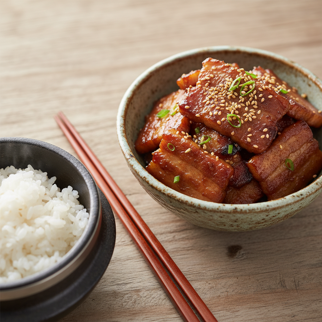 따뜻한 밥과 함께 먹는 윤기 흐르는 삼겹살 장똑똑이 클로즈업