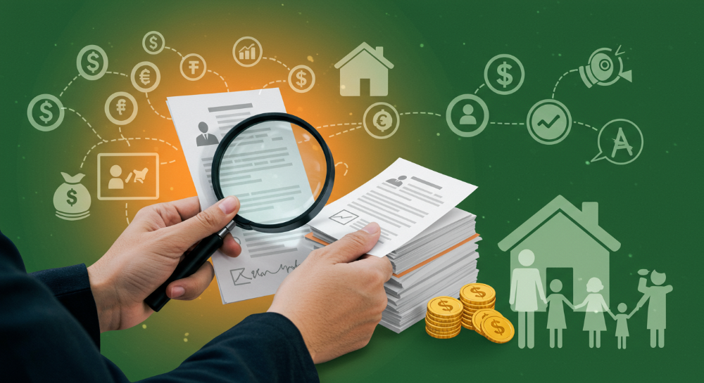 2025년 건강보험 피부양자 등록 조건을 돋보기로 확인하는 모습, 복잡한 서류와 가족을 상징하는 아이콘들이 함께 있는 이미지