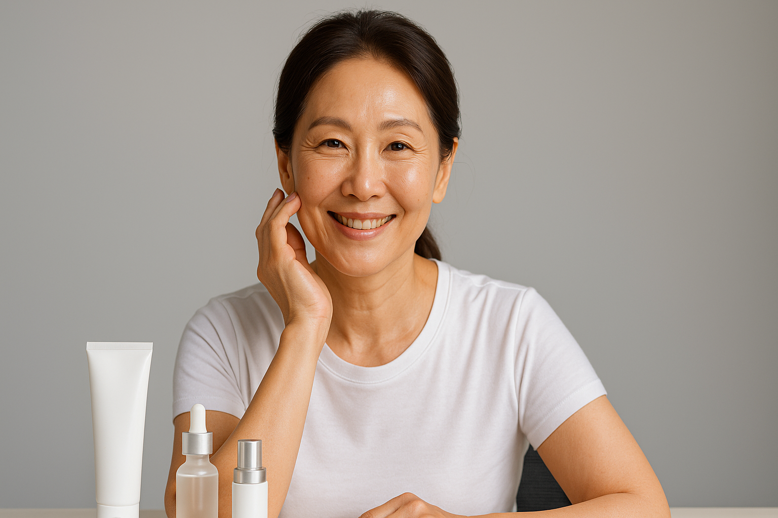 주름 개선 화장품을 사용중인 여성