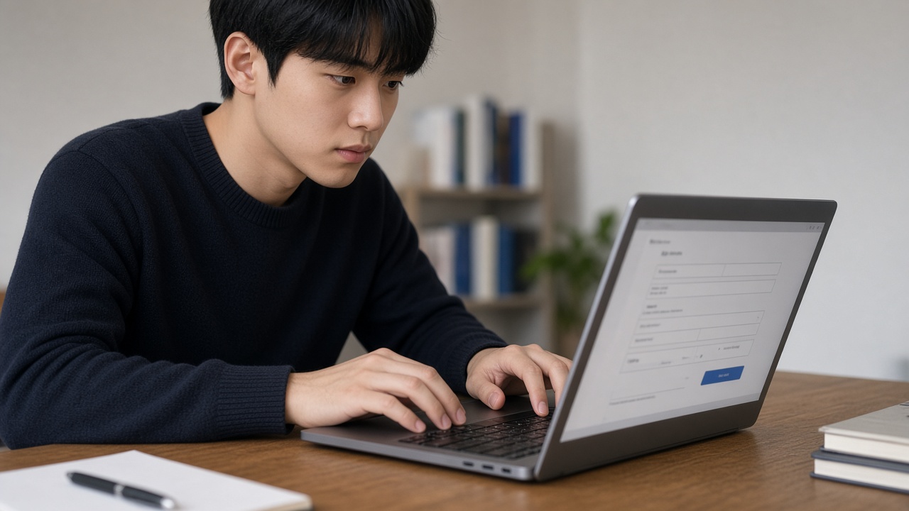 노트북으로 큐넷 접수 화면을 열어 보는 20대 한국인 수험생