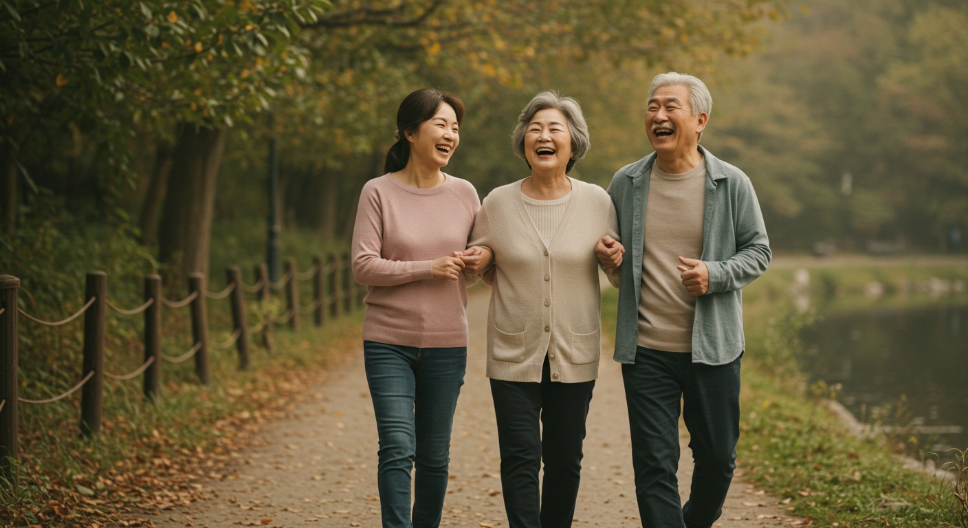 "노년의 부모님과 중년의 자녀가 함께 야외에서 환하게 웃으며 산책하는 따뜻하고 건강한 라이프스타일 이미지.